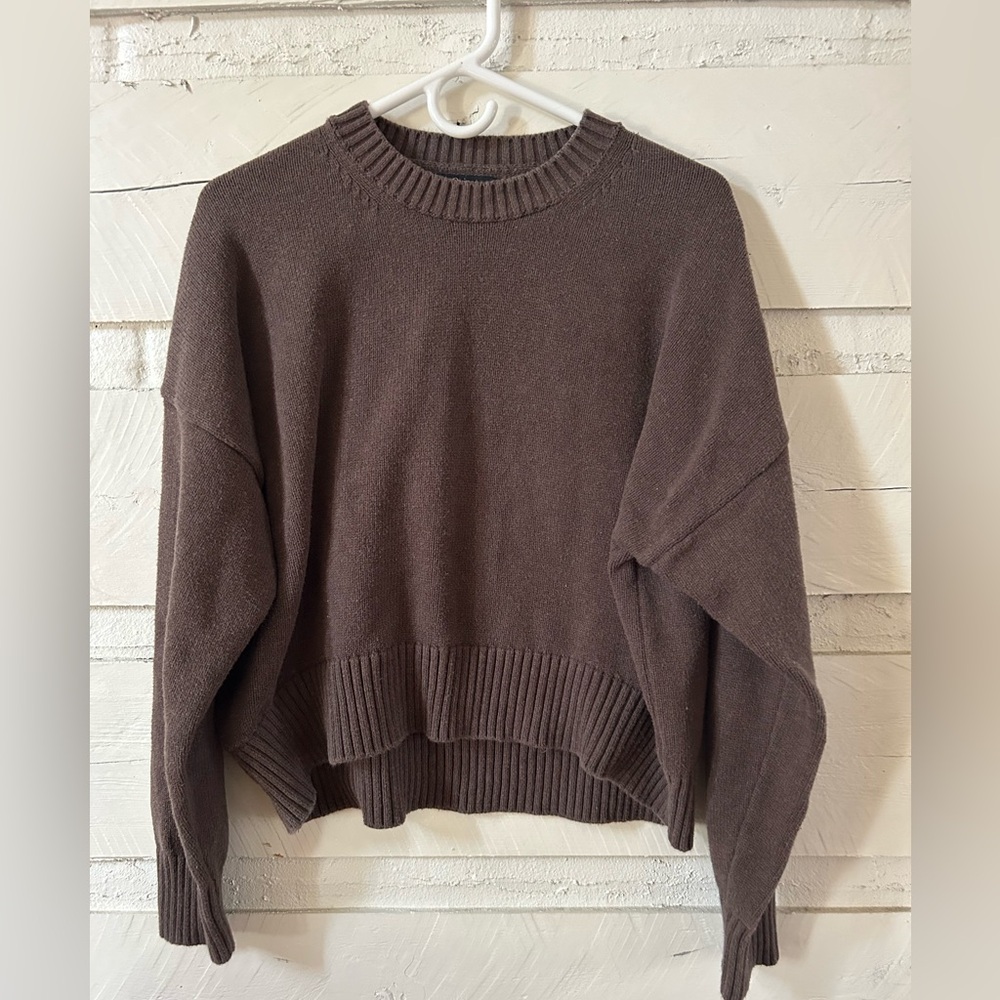 Quince Organic Cotton Cropped Boyfriend Crewneck Sweater – Brown – Size Small